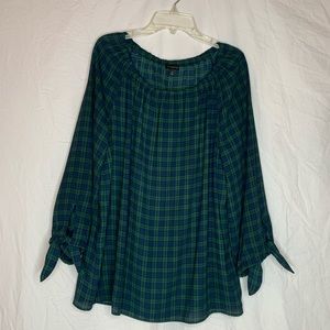 Talbots plaid peasant blouse M sheer, cuff ties